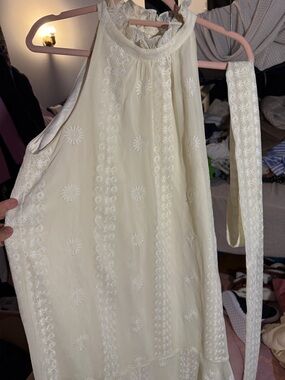 Women’s Asymmetrical Embroidered Halter Dress - Cream